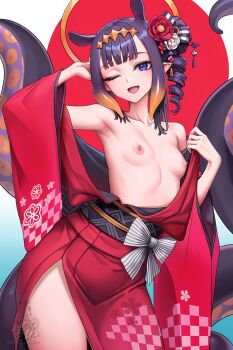 1girl ;d absurdres alternate_costume alternate_hairstyle arm_up armpits black_sash blue_eyes bow breasts center-flap_bangs checkered_print commentary contrapposto double-parted_bangs drill_hair drill_ponytail english_commentary flower gradient_hair hair_bun hair_flower hair_ornament hand_up headpiece highres hololive hololive_english japanese_clothes kimono kimono_pull looking_at_viewer multicolored_hair naked_kimono ninomae_ina&#039;nis nipples obi one_eye_closed open_mouth orange_hair print_kimono purple_hair red_kimono sash short_hair side_ponytail side_up_bun single_hair_bun small_breasts smile solo tentacle_hair tentacles unstableboiler virtual_youtuber waist_bow wide_sleeves