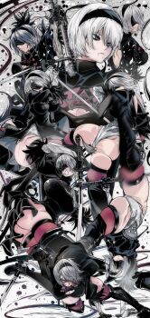 1girl 2b_(nier:automata) absurdres arm_support arms_behind_head arms_up ass black_boots black_dress black_gloves black_shirt blindfold blue_eyes boots breasts cleavage cleavage_cutout clothing_cutout curvy dress dual_wielding flexible from_behind full_body gloves grey_background hairband handstand high_heels highleg highleg_leotard highres holding holding_sword holding_weapon huge_ass katana kinakomochi_(user_vedc2333) large_breasts leaning_forward leotard looking_at_viewer looking_back looking_to_the_side mole mole_under_eye mole_under_mouth motion_lines nier:automata nier_(series) one_arm_handstand open_mouth puffy_sleeves running shirt short_hair short_sleeves spread_legs square_enix standing standing_on_one_leg sword tassel thick_thighs thigh_boots thighs thong_leotard upper_body virtuous_contract weapon white_background white_hair white_leotard white_shirt wide_hips