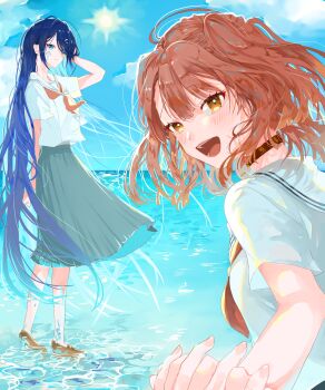 2girls absurdres bekkou_ame blue_eyes blue_hair blue_sky brown_eyes brown_hair brown_neckerchief brown_shoes choker commentary highres holding_hands long_hair medium_hair multiple_girls neckerchief ocean oumi_shiori sailor_collar shirt shoes skirt sky two_side_up very_long_hair watashi_wo_tabetai_hitodenashi white_sailor_collar white_shirt yashiro_miko
