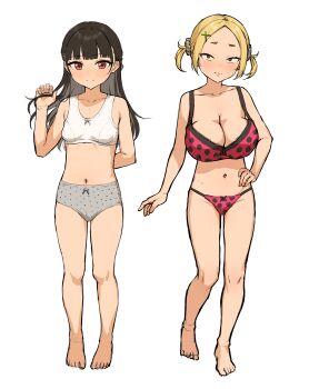 2girls arm_behind_back bad_tag bare_legs barefoot black_hair blonde_hair blunt_bangs blush bow bow_bra bow_panties bra breasts brown_eyes cleavage closed_mouth collarbone full_body hair_ornament hairclip hand_on_own_hip kono_(yuri_kotone_ero) large_breasts long_hair looking_at_viewer multiple_girls navel panties pink_bra polka_dot polka_dot_bra polka_dot_panties red_bra red_eyes red_panties short_twintails simple_background small_breasts smile standing takenoko_no_you twintails underwear underwear_only white_background white_bra white_panties x_hair_ornament