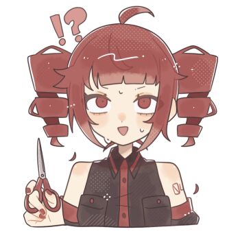 !? 1girl :d ahoge alternate_hairstyle bare_shoulders black_shirt black_sleeves blunt_bangs blush buttons collared_shirt commentary_request cropped_torso detached_sleeves drill_hair holding holding_scissors kasane_teto kasane_teto_(utau) nail_polish number_tattoo okayu_(cwtv7823) open_mouth red_eyes red_nails scissors shirt shoulder_tattoo sidelocks simple_background sleeveless sleeveless_shirt smile solo sweat tattoo twin_drills upturned_eyes utau white_background