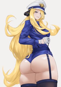 1girl artist_name ass blonde_hair blue_garter_straps blue_jacket blue_shorts blue_thighhighs breasts commentary cynthia_(pokemon) english_commentary from_behind gabriel_carrasquillo gloves grey_eyes hair_ornament hair_over_one_eye half_gloves hat jacket large_breasts long_hair looking_at_viewer nintendo peaked_cap pokemon pokemon_dppt short_shorts shorts simple_background skindentation solo thick_thighs thighhighs thighs very_long_hair white_background white_gloves white_hat wrist_straps