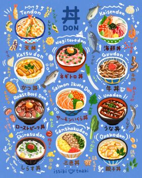 artist_name bilingual_text blue_background bowl chicken_(food) commentary_request donburi eel fish_(food) food food_focus gyuudon ikura_(food) issiki_toaki kaisendon katsu_(food) katsudon_(food) mixed-language_text negitoro no_humans original oyakodon_(food) roast_beef salmon sashimi shirasudon_(food) shrimp shrimp_tempura spring_onion tempura tendon_(food) tuna unadon_(food)