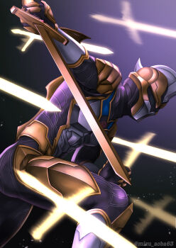Rule 34 | 1boy, absolute titan, alien, arm blade, armor, bracelet, breastplate, commentary request, energy sword, full armor, glowing bodysuit, gold armor, gold helmet, gold trim, highres, holding, holding sword, holding weapon, horns, huge horns, jewelry, knight, long sword, male focus, pauldrons, piaceen3870, shoulder armor, sword, tokusatsu, ultra galaxy (series), ultra galaxy fight: the destined crossroad, ultra series, weapon