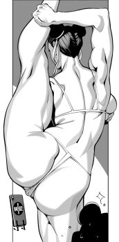 2girls arm_under_breasts ass bikini burustandin capcom cellphone chun-li commentary double_bun english_commentary from_behind hair_bun hair_ribbon highres li-fen mature_female multiple_girls phone pussy pussy_peek ribbon smartphone solo_focus split standing standing_on_one_leg standing_split street_fighter street_fighter_6 swimsuit thong_bikini