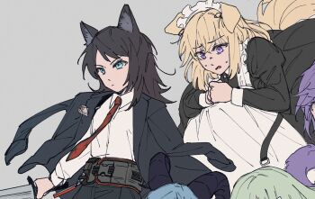 Rule 34 | 5girls, animal ears, arknights, ave mujica (bang dream!), bang dream!, bang dream! it's mygo!!!!!, black dress, black hair, black jacket, blonde hair, blue eyes, cat tail, commentary, dog ears, dog girl, dog tail, dress, english commentary, green hair, grey background, highres, holding, holding sword, holding weapon, jacket, jacket on shoulders, juliet sleeves, long sleeves, maid headdress, medium hair, misumi uika, misumi uika (perro), multiple girls, necktie, nemuireii, puffy sleeves, red necktie, shirt, simple background, sword, tail, togawa sakiko, togawa sakiko (sarkaz), wakaba mutsumi, wakaba mutsumi (cautus), weapon, white shirt, wolf ears, wolf girl, yahata umiri, yahata umiri (lupo), yuutenji nyamu, yuutenji nyamu (feline)