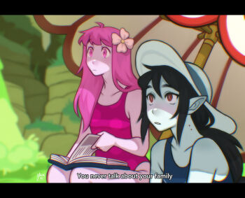 2girls absurdres adventure_time beach_umbrella bite_mark black_hair blurry blurry_background blush brown_eyes chromatic_aberration colored_skin commentary derivative_work english_commentary english_text flower gluca grey_skin hair_flower hair_ornament hat highres letterboxed long_hair marceline_abadeer multiple_girls one-piece_swimsuit pink_eyes pink_hair pink_one-piece_swimsuit pink_skin pointy_ears princess_bonnibel_bubblegum screenshot_redraw sitting subtitled sun_hat swimsuit turning_page umbrella