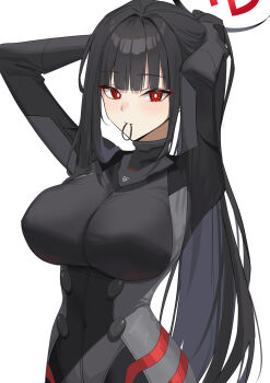 1girl adjusting_hair arms_behind_head arms_up black_bodysuit black_hair blue_archive blunt_bangs bodysuit breasts bright_pupils commentary_request covered_navel hair_tie hair_tie_in_mouth halo haro_art high_ponytail highres large_breasts looking_at_viewer mouth_hold official_alternate_costume ponytail red_eyes rio_(armed)_(blue_archive) rio_(blue_archive) sidelocks solo tying_hair white_pupils