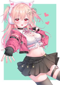 1girl absurdres animal_ear_headphones animal_ears black_choker black_gloves black_skirt black_thighhighs blonde_hair blush breasts cat_ear_headphones cat_ears choker cleavage cleavage_cutout clothing_cutout collared_shirt commission cropped_jacket fake_animal_ears fang fingerless_gloves gloves headphones heart heart_cutout highres jacket kabashima_hana medium_breasts momose_nina open_mouth pink_jacket pleated_skirt project_nebula red_eyes shirt skeb_commission skirt smile solo thigh_strap thighhighs two_side_up v virtual_youtuber