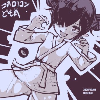 1girl ;d alternate_costume alternate_hairstyle backbeako_(torotei) backbeard blush commentary_request cowboy_shot dated dated_commentary double_bun dougi gegege_no_kitarou hair_bun hair_over_one_eye hands_up kono_lolicon_domome long_sleeves looking_at_viewer monochrome one_eye_closed open_mouth original paid_reward_available pointy_ears short_hair simple_background smile solo standing torotei translated watermark web_address