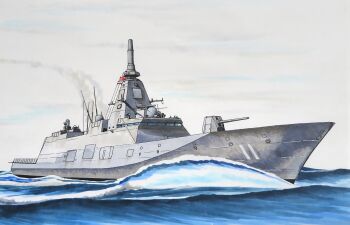 cloud cloudy_sky commentary frigate highres japan_maritime_self-defense_force japan_self-defense_force js_tatsuta_(ffm-11) mast military military_vehicle no_humans ocean original phalanx_ciws rising_sun_flag sailing ship ship_turret sky smile_(jdsmyoko) smokestack sunburst vehicle_focus warship watercraft