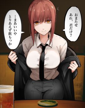 1girl black_jacket black_necktie black_pants breasts brown_background chainsaw_man closed_mouth clothes_pull collared_shirt commentary_request highres jacket jacket_pull large_breasts looking_at_viewer makima_(chainsaw_man) mame1645 necktie orange_eyes pants pov_across_table pulling_own_clothes red_hair ringed_eyes shirt shirt_tucked_in sidelocks solo speech_bubble translation_request white_shirt