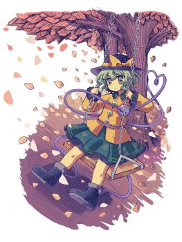 1girl black_boots black_hat boots bow breasts buttons chain collared_shirt commentary diamond_button eyeball floral_print frilled_shirt_collar frilled_skirt frilled_sleeves frills full_body green_eyes green_hair green_skirt hashtag-only_commentary hat hat_bow heart heart_of_string highres komeiji_koishi long_sleeves looking_at_viewer on_swing print_skirt rose_print shirt silverrain skirt small_breasts solo swing third_eye touhou tree yellow_bow yellow_shirt