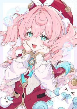 1girl absurdres aqua_eyes aqua_hair beret blush bow commentary dress drill_hair grin hair_between_eyes hands_on_own_face hat hat_bow highres honkai:_star_rail honkai_(series) hyacine_(honkai:_star_rail) long_hair long_sleeves looking_at_viewer multicolored_hair nya_inuha pink_hair puffy_long_sleeves puffy_sleeves red_dress red_hat smile solo symbol-only_commentary teeth twin_drills two-tone_hair unicorn upper_body white_sleeves wrist_cuffs
