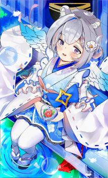 Rule 34 | 1girl, absurdres, amane kanata, amane kanata (new year), angel, blue bow, blue bowtie, blush, bow, bowtie, commentary request, detached sleeves, highres, holding, hololive, japanese clothes, kimono, multicolored hair, official alternate costume, open mouth, purple eyes, sitting, smile, star ornament, thighhighs, user apae7542, virtual youtuber, water, white thighhighs, wide sleeves