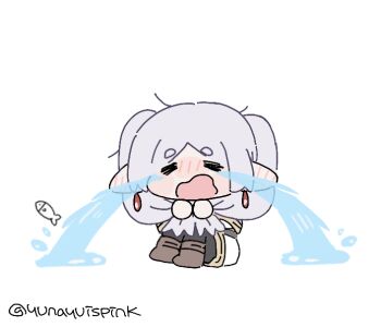 1girl =_= artist_name black_pantyhose blush boots brown_boots chibi crying elf frieren full_body grey_hair holding holding_own_hair knees_to_chest long_pointy_ears pantyhose parted_bangs pointy_ears simple_background sitting solo sousou_no_frieren streaming_tears tears white_background yunayuispink