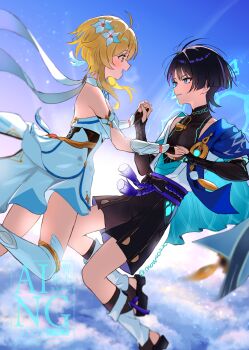 1boy 1girl ahoge armor belt black_belt black_bodysuit black_bow black_bridal_gauntlets black_gloves black_hair black_sandals black_shorts blonde_hair blue_cape blue_feathers blue_flower blue_gem blue_kimono blue_sky blue_sleeves blue_trim blunt_ends blush body_markings bodysuit bow bridal_gauntlets bridal_legwear cape clear_sky clothing_cutout cloud cloudy_sky colored_inner_hair commentary_request covered_collarbone detached_sleeves dress eyelashes eyeliner eyeshadow feather_hair_ornament feathers fingernails flower flying gem genshin_impact gloves glowing_markings gold gold_ring grey_eyes hair_flower hair_ornament hakama hakama_shorts hands_up hetero highres hip_vent holding_hands interlocked_fingers japanese_armor japanese_clothes jewelry juban kimono kote kurokote layered_sleeves leg_warmers lumine_(genshin_impact) makeup mandarin_collar midair middle_ring multicolored_flower multicolored_hair open_clothes open_kimono open_mouth partially_fingerless_gloves pleated_shorts pom_pom_(clothes) purple_eyes purple_hair purple_rope purple_sash red_eyeliner red_eyeshadow rope sandals sash scaramouche_(genshin_impact) scarf short_hair short_hair_with_long_locks short_sleeves shorts shoulder_peek sidelocks sideways_mouth single_bare_shoulder sky snow20200 stirrup_legwear stratosphere sun sunrise tassel thighhighs thighlet toeless_legwear tsurime twitter_username vambraces vision_(genshin_impact) wanderer_(genshin_impact) watermark white_dress white_flower white_kimono white_leg_warmers white_mouth white_scarf white_sleeves white_thighhighs white_trim yellow_eyes yellow_feathers zouri