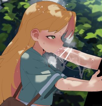 1boy 1girl absurdres aqua_jacket bar_censor blonde_hair blush censored colored_inner_hair commentary_request fellatio green_eyes heart heart-shaped_pupils hetero highres jacket long_hair mizumizuni multicolored_hair open_mouth oral outdoors penis pink_hair ruri_no_houseki saliva short_sleeves solo_focus sweat symbol-shaped_pupils tanigawa_ruri tears two-tone_hair