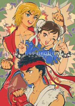 Rule 34 | 1girl, 2boys, absurdres, artist name, bangle, black hair, blonde hair, blue dress, blue eyes, bracelet, breasts, brown eyes, brown hair, brown pantyhose, bun cover, capcom, chun-li, clenched hands, commentary request, cowboy shot, cracking knuckles, double bun, dress, earrings, eyeshadow, furrowed brow, gold trim, hair bun, headband, highres, jewelry, ken masters, koberakobe, makeup, medium breasts, multiple boys, one eye closed, open mouth, pantyhose, pearl earrings, pelvic curtain, puffy short sleeves, puffy sleeves, red dougi, red eyeshadow, red headband, ryu (street fighter), short hair, short sleeves, smile, spiked bracelet, spikes, street fighter, teeth, updo, upper body, upper teeth only, v, watermark, white dougi