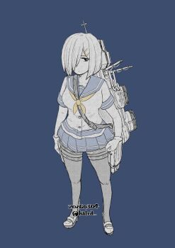 Rule 34 | 1girl, black pantyhose, blue background, blue eyes, blue sailor collar, blue skirt, breasts, commentary request, dated, gloves, grey hair, hair over one eye, halca (technodrome), hamakaze (kancolle), highres, kantai collection, medium breasts, neckerchief, pantyhose, pleated skirt, rigging, sailor collar, school uniform, serafuku, short hair, skirt, solo, standing, twitter username, white gloves, yellow neckerchief