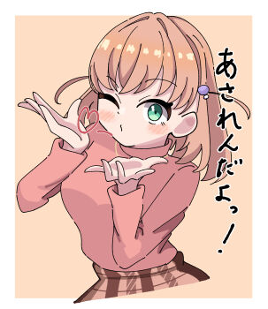 1girl absurdres aqua_eyes blowing_kiss blush border breasts brown_skirt commentary hair_bobbles hair_ornament heart highres hinoshita_kaho hinoshita_kaho_(winter_casual) jewelry large_breasts link!_like!_love_live! long_sleeves looking_at_viewer love_live! medium_hair necklace one_eye_closed open_hands orange_background orange_hair outside_border pink_sweater plaid_clothes plaid_skirt puckered_lips skirt solo sweater tange_murasaki turtleneck turtleneck_sweater virtual_youtuber white_border