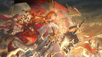 1girl absurdres ancient_greek_clothes armor augusta_(wuthering_waves) breastplate breasts chinese_commentary cloud cloudy_sky commentary_request dress earrings greatsword greco-roman_clothes headgear highres holding holding_sword holding_weapon jewelry long_hair looking_ahead medium_breasts orange_eyes orange_hair outdoors people sky solo_focus sun_earrings sword ttk_(kirinottk) weapon white_dress wuthering_waves