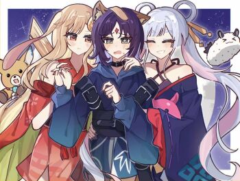 >_< 3girls :3 :t @_@ animal_ears artist_request bare_shoulders black_collar blonde_hair blue_background blue_hoodie blue_kimono blush border chinese_commentary chou_kaguya-hime! closed_eyes collar commentary_request commission confused cowboy_shot forehead_jewel fushi_(chou_kaguya-hime!) girl_sandwich green_eyes hair_ornament hair_rings hair_stick hand_on_another's_shoulder holding_hands hood hoodie interlocked_fingers inudoge japanese_clothes kimono long_hair long_sleeves looking_at_another lop_rabbit_ears multicolored_hair multiple_girls open_mouth pout purple_hair rabbit_ears red_eyes red_kimono runami_yachiyo sakayori_iroha sandwiched sea_slug second-party_source smile standing twintails white_border white_hair wide_sleeves yuri