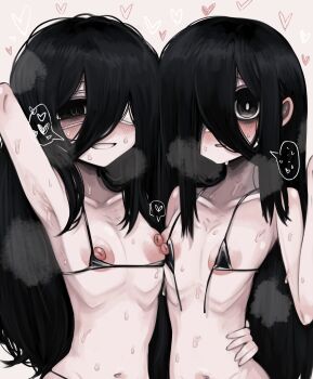 ... 2girls arm_around_waist armpits asamegasame bags_under_eyes bare_shoulders bikini black_bikini black_eyes black_hair blush breasts eyepatch hair_between_eyes hair_over_one_eye heart highres loli long_bangs long_hair looking_at_viewer micro_bikini mojyo multiple_girls navel nipple_slip nipples one_eye_covered original ribs siblings side-by-side simple_background sisters skinny small_breasts smile spoken_ellipsis spoken_heart sweat swimsuit twins untied_bikini_top upper_body very_sweaty white_background