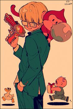 2boys animal animal_on_shoulder bird blonde_hair blue_eyes border box bubble_monkey chewing_gum duck dungeon_man_(mother_2) energy_gun freckles gift gift_box glasses gun hair_between_eyes hand_in_pocket highres holding holding_gift holding_gun holding_weapon jacket jeff_andonuts kwsby_124 long_sleeves looking_at_viewer mad_duck male_focus monkey mother_(series) mother_2 multiple_boys nintendo opaque_glasses pants partially_opaque_glasses ray_gun simple_background weapon