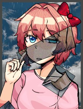 artist_name avenful blue_eyes border bow cloud cloudy_sky commentary doki_doki_literature_club english_commentary eyelashes fingernails grey_border hair_bow hair_intakes heart holding pink_hair pink_shirt rain red_bow sayori_(doki_doki_literature_club) shirt short_hair sky spoilers upper_body