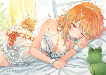 1girl babydoll breasts chonkers_(takanashi_kiara) cleavage colored_tips commentary detached_collar feathers frilled_shorts frills green_feathers hololive hololive_english indoors long_hair lying medium_breasts messy_hair multicolored_hair official_alternate_costume on_bed on_side one_eye_closed orange_hair pink_eyes sebu_illust see-through_babydoll see-through_clothes shorts smoothie_(takanashi_kiara) solo streaked_hair swept_bangs symbol-only_commentary takanashi_kiara takanashi_kiara_(cozy) virtual_youtuber white_babydoll white_shorts