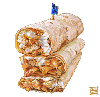 Rule 34 | artist name, burrito, cocomeen, doner kebab, doner sandwich, english text, flag, food, food focus, meat, no humans, original, simple background, still life, white background