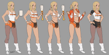 1girl blonde_hair breasts butcha-u cleavage condom full_body grey_background jacket large_breasts looking_at_viewer loose_socks mari_(butcha-u) mari_(delightfully_fuckable_and_unrefined!!) open_clothes open_jacket original pantyhose ponytail simple_background smile socks standing straight_hair tagme tank_top used_condom white_tank_top