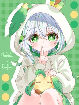 1girl :3 animal_ear_hood blush character_name closed_mouth commentary_request cross-shaped_pupils crossover fake_animal_ears finger_to_mouth gen_4_pokemon genshin_impact green_background green_eyes green_hair hair_between_eyes hair_ornament highres hitsuki_(ruon) hood hood_up leaf_hair_ornament leafeon long_hair long_sleeves looking_at_viewer multicolored_hair nahida_(genshin_impact) nintendo pokemon sitting sitting_on_lap sitting_on_person smile solo symbol-shaped_pupils white_hair