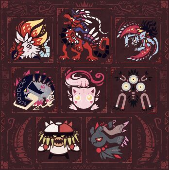 6+others alleesaur brown_background brute_bonnet claws colored_sclera fangs feathered_wings feathers fiery_wings fire flutter_mane great_tusk highres jewelry koraidon magnet monster_hunter_(series) multiple_others necklace nintendo pokemon pokemon_(creature) red_sclera roaring_moon sandy_shocks scream_tail screw sharp_teeth slither_wing teeth tribal_illustration tribal_print tusks wings yellow_eyes