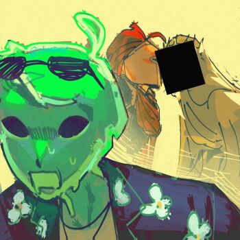 3others :o ahoge armor averythemayo black_eyes censored censored_identity cloak colored_skin crown d3rlord3 empty_eyes eyewear_on_head floral_print galea_helmet green_skin highres kiss knight looking_at_viewer monster_boy multiple_others poeticphos red_cloak searching_for_a_world_that_doesn&#039;t_exist shirt short_hair slime_boy t-shirt the_king_in_yellow_(searching_for_a_world_that_doesn&#039;t_exist) white_shirt