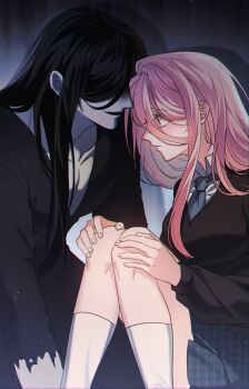 Rule 34 | 1boy, 1girl, absurdres, bbabbamis2, black background, black hair, black kimono, black sweater, blush, commentary request, adashino adami, hetero, highres, homicipher, japanese clothes, kimono, kneehighs, knees up, korean commentary, long hair, looking at another, mr. crawling, pink hair, red eyes, sitting, skirt, socks, sweater