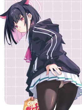 1girl :/ \||/ akayama_yukihe animal_ears ass bag black_hair black_hoodie black_pantyhose blue_archive blunt_bangs blunt_ends blush bob_cut border cat_ears cat_girl closed_mouth colored_inner_animal_ears colored_inner_hair commentary cowboy_shot extra_ears from_behind frown grey_background hair_behind_ear halo hand_on_own_ass highres holding holding_bag hood hood_down hoodie kazusa_(blue_archive) looking_at_viewer looking_back miniskirt multicolored_hair outside_border panties panties_under_pantyhose pantyhose pink_hair pink_halo pleated_skirt red_eyes school_uniform short_hair simple_background skirt sleeves_past_wrists solo straight_hair two-tone_hair underwear white_border white_panties white_skirt