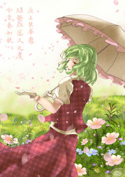 1girl absurdres commentary_request emloste flower grass green_hair highres holding holding_umbrella kazami_yuuka medium_hair parasol pink_flower purple_flower red_eyes red_skirt scenery shirt skirt solo tall_grass touhou translation_request umbrella white_shirt