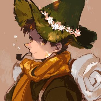 1boy bedroll brown_eyes brown_hair coat coida flower_head from_side hat looking_at_viewer moomin scarf smoking_pipe snufkin witch_hat