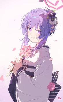 1girl absurdres bilibalakonglijiwa blue_archive blush braid closed_mouth crown_braid falling_petals flower from_side gradient_background hair_flower hair_ornament halo highres holding holding_flower looking_at_viewer petals pink_flower purple_background purple_eyes purple_flower purple_hair purple_halo sidelocks smile solo upper_body utaha_(blue_archive) utaha_(idol)_(blue_archive) white_background