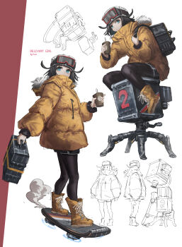 1girl absurdres artist_name bag black_hair black_hat black_pantyhose black_shorts blue_eyes boots character_name closed_mouth commentary cup delivery_girl_(franlol) disposable_cup english_commentary franlol full_body hat highres holding holding_bag holding_cup jacket lace-up_boots long_sleeves multiple_views original pantyhose pantyhose_under_shorts short_hair shorts simple_background sitting standing white_background yellow_boots yellow_jacket