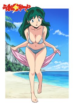 1girl barefoot beach bikini blue_bikini border breasts cleavage collarbone cone_horns copyright_logo day full_body green_eyes green_hair highres holding_sarong horns large_breasts leaning_forward logo long_hair looking_at_viewer lum moechiki navel ocean open_mouth outdoors outside_border pink_sarong sarong solo standing swimsuit urusei_yatsura white_border