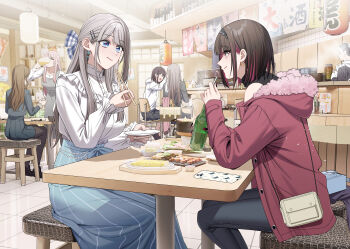 6+girls absurdres bang_dream! bang_dream!_it's_mygo!!!!! beer_bottle black_hair black_pants black_pantyhose black_shoes blue_eyes blue_shirt blue_skirt blush chair chihaya_anon chinese_commentary chopsticks colored_inner_hair commentary_request creator_connection cup dress drinking drinking_straw genre_connection grey_dress grey_hair grey_skirt hair_ornament hairclip hamanasu_ruka hand_in_another's_hair highres holding holding_chopsticks holding_cup hood hood_down indoors jacket jovei koutsugou_semi-friend kuruma_suuna lantern long_hair long_sleeves multicolored_hair multiple_girls nagasaki_soyo pants pantyhose parallel_hairclips pinafore_dress pink_eyes pink_hair red_jacket saotome_shino_(shino_to_ren) school_uniform shino_to_ren shirayuki_ren shirt shoes sitting skirt sleeveless sleeveless_dress star_(symbol) star_hair_ornament table tsukinomori_school_uniform white_shirt