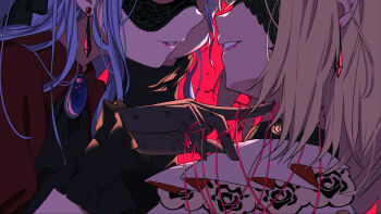 2girls ascot bang_dream! bang_dream!_it&#039;s_mygo!!!!! black_ascot black_gloves black_ribbon blonde_hair blood blood_splatter blue_hair brooch commentary_request doloris_(bang_dream!) earrings eyes_out_of_frame gloves hair_ribbon hand_on_another&#039;s_face head_out_of_frame jewelry lipstick long_hair makeup medium_hair misumi_uika multiple_girls oblivionis_(bang_dream!) parted_lips red_background red_shirt rhapsode ribbon shirt short_sleeves sidelocks smile string string_around_neck string_of_fate togawa_sakiko yuri