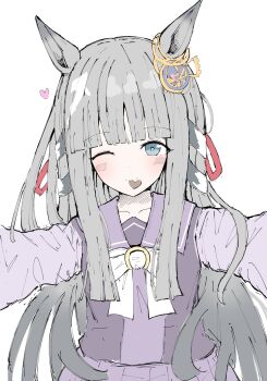 Rule 34 | 1girl, absurdres, blue eyes, blush, breasts, chocolate, chrono genesis (umamusume), collarbone, commentary request, grey hair, hair between eyes, hair ornament, heart, highres, long hair, looking at viewer, one eye closed, portrait, reaching, reaching towards viewer, school uniform, small breasts, smile, solo, tracen school uniform, umamusume, usa m i 777