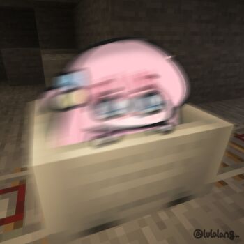 Rule 34 | 1girl, artist name, block (minecraft), blue eyes, blush, bocchi the rock!, cave interior, chibi, cube hair ornament, game screenshot background, gotoh hitori, hair ornament, highres, jacket, long hair, looking at viewer, lulalang, minecart, minecraft, motion blur, one side up, pink hair, pink jacket, railroad tracks, screenshot background, solo, twitter username