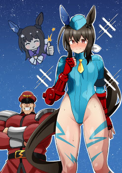 1boy 1girl absurdres admire_vega_(umamusume) animal_ears aqua_leotard aramori_susumu black_hair bodypaint cammy_white cammy_white_(cosplay) cosplay crossed_arms dual_persona gloves highleg highleg_leotard highres horse_ears horse_tail leotard lightning_bolt_symbol long_hair m._bison name_connection red_gloves ribbed_leotard shadaloo_dolls sleeved_leotard street_fighter street_fighter_zero_(series) tail umamusume