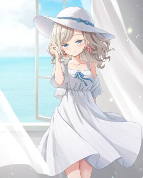 1girl blue_eyes blush breasts ceras_yanagida_lilienfeld ceras_yanagida_lilienfeld_(summer_casual) closed_mouth collarbone commentary_request curtains dress feet_out_of_frame grey_hair hanazora_satsuki hand_in_own_hair hat head_tilt highres indoors jacket large_breasts link!_like!_love_live! long_hair looking_at_viewer love_live! official_alternate_costume open_clothes open_jacket open_window short-sleeved_jacket short_sleeves single_bare_shoulder single_off_shoulder sleeveless sleeveless_dress smile solo split_mouth standing sun_hat virtual_youtuber wavy_hair white_dress white_hat white_jacket window