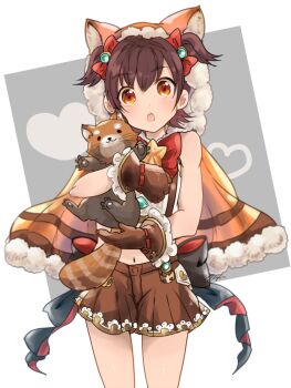 1girl aiu123456 akagi_miria animal animal_ear_hood black_bow bow bowtie brown_eyes brown_gloves brown_hair brown_shorts commentary_request cowboy_shot culottes fake_animal_ears gloves granblue_fantasy heart highres holding holding_animal hood hood_up idolmaster idolmaster_cinderella_girls looking_at_viewer navel open_mouth red_bow red_bowtie red_panda shorts simple_background solo star_(symbol) suspenders white_background